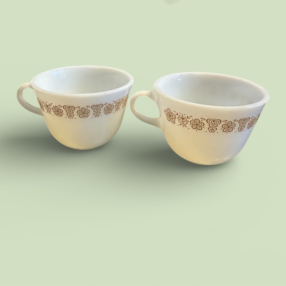 MCM Gold Butterfly Pyrex milk glass cups set of 2